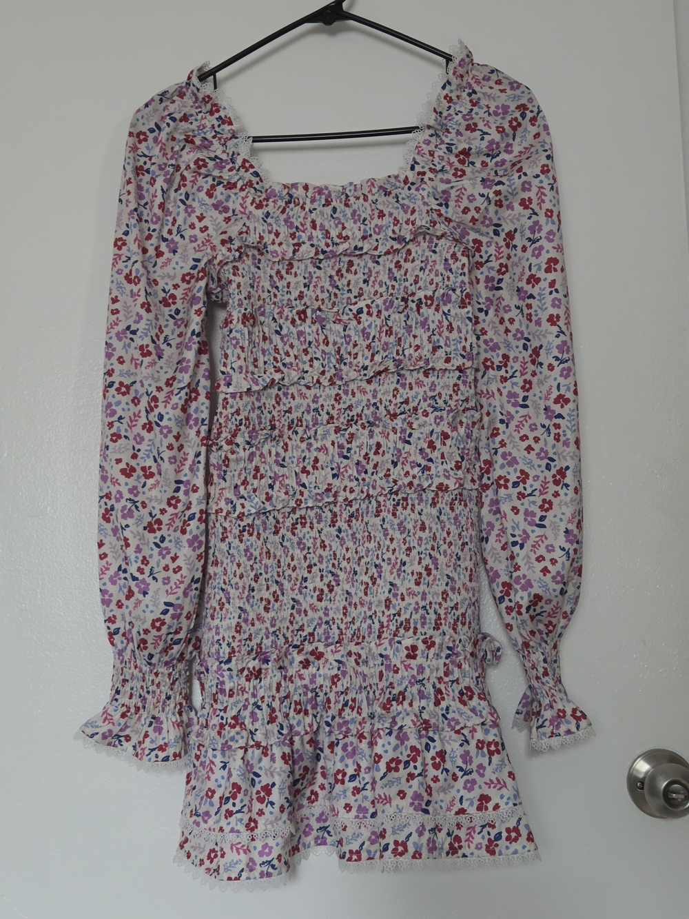 Smocked Floral Midi Dress in White with Pink & Purple Flowers